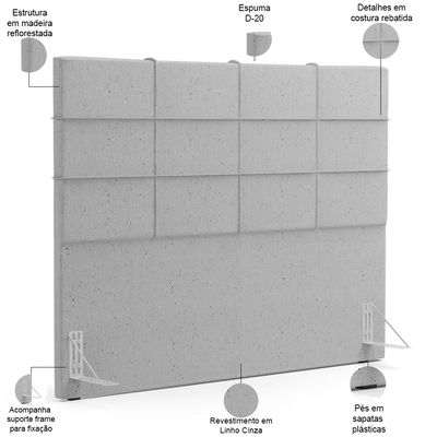 Kit Cabeceira Cama Box King 195cm com Calçadeira Roma W01 Linho Cinza - Lyam