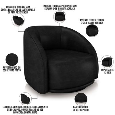 Poltrona Decorativa Giratória Angelina M03 Couríssimo Preto - Lyam Decor