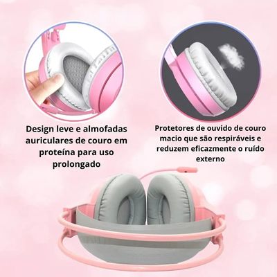 Headset Gamer Fone Gatinho Rosa Com Led RGB P2 Knup KP-GA04