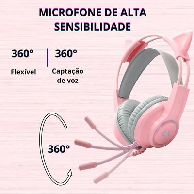 Headset Gamer Fone Gatinho Rosa Com Led RGB P2 Knup KP-GA04