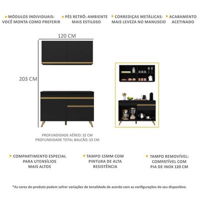 Cozinha Compacta 2 peças com Armário e Balcão Veneza Preta