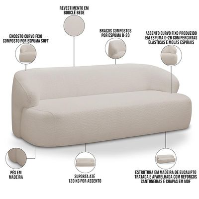 Sofá 3 Lugares Curvo Orgânico Para Sala Living 180cm Barolo L06 Bouclê Bege - Lyam Decor