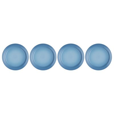 KIT LE CREUSET ASSADEIRA OVAL 36CM E 4 PRATOS RASOS 22CM EM CERÂMICA AZUL CHAMBRAY
