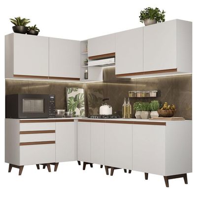Cozinha Completa de Canto com Armário e Balcão Branco Reims
