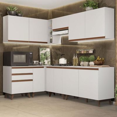 Cozinha Completa de Canto com Armário e Balcão Branco Reims