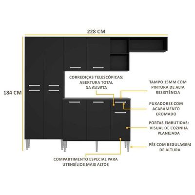 Cozinha Compacta Pequim 9 Portas Mp2933 Multimóveis Preto