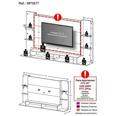Painel Com Suporte Tv 60´´ e 2 Leds Prateleiras De Vidro
