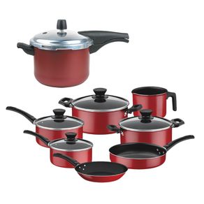Kit Conjunto de Panelas Antiaderente Coimbra 7 Peças com Panela de Pressão Vancouver 4.5L Tramontina Vermelho Menor preço em Kit Conjunto de Panelas Antiaderente Coimbra 7 Peças com Panela de Pressão Vancouver 4.5L Tramontina Vermelho