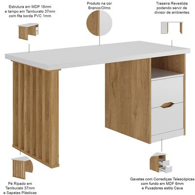 Mesa Escrivaninha Home Office 142cm 2 Gavetas Dora A02 Branco Olmo - Lyam Decor