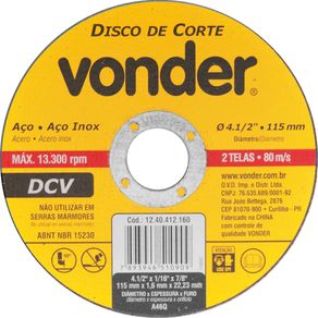 Disco de corte 115,0x1,6x22,23 p/ aço carbono e inox Vonder