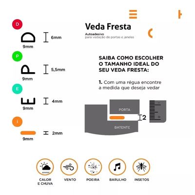 Veda Fresta Portas e Janelas Stamaco Home Borracha Vedação Adesiva Modelo I Rolo 6 Metros Preto