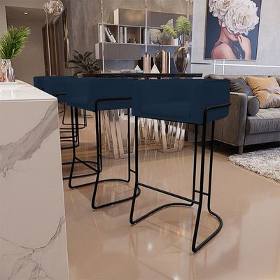 Kit 04 Banquetas Decorativas Fixa Base de Aço Preto Betina D02 Veludo Azul Oxford C-304 - Lyam Decor