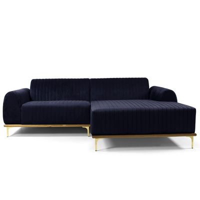 Sofá 3 Lugares com Chaise Direito Para Sala Molino 230 cm D02 Veludo Azul Marinho C-287 -Lyam Decor