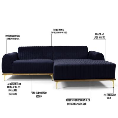 Sofá 3 Lugares com Chaise Direito Para Sala Molino 230 cm D02 Veludo Azul Marinho C-287 -Lyam Decor