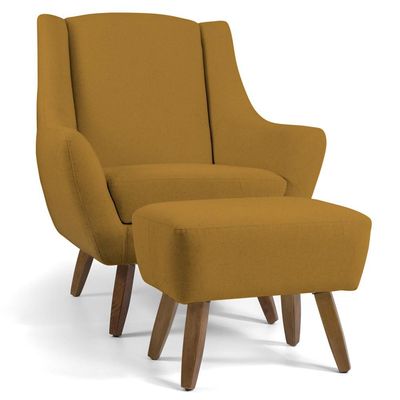 Poltrona Decorativa Fixa com Puff Pés de Madeira Juliet D02 Veludo Mostarda C-260 - Lyam Decor