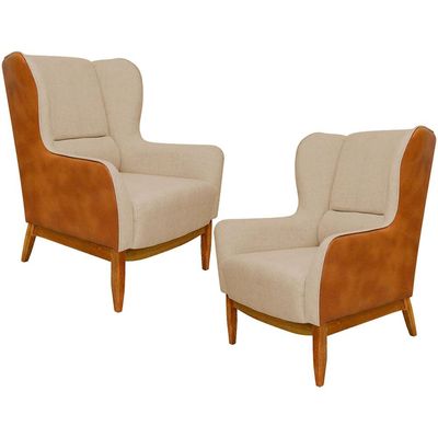 Kit 02 Poltronas Decorativa Base de Madeira Milena D02 Linho Bege C-129 Corano Marrom - Lyam Decor