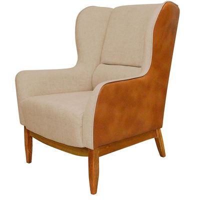 Kit 02 Poltronas Decorativa Base de Madeira Milena D02 Linho Bege C-129 Corano Marrom - Lyam Decor