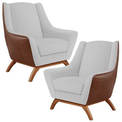 Kit 02 Poltronas Base Em Madeira Juliet D02 Courissímo Marrom B-38 Linho Cinza D-315 - Lyam Decor