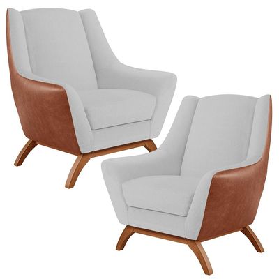 Kit 02 Poltronas Base Em Madeira Juliet D02 Courissímo Camel  B-14 Linho Cinza D-315 - Lyam Decor