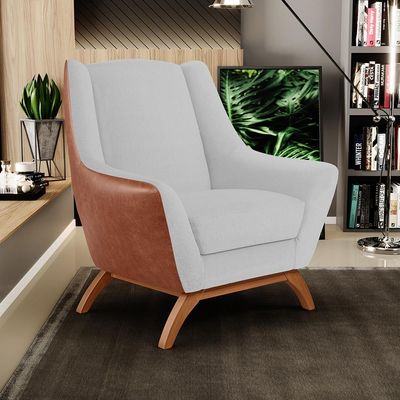 Kit 02 Poltronas Base Em Madeira Juliet D02 Courissímo Camel  B-14 Linho Cinza D-315 - Lyam Decor