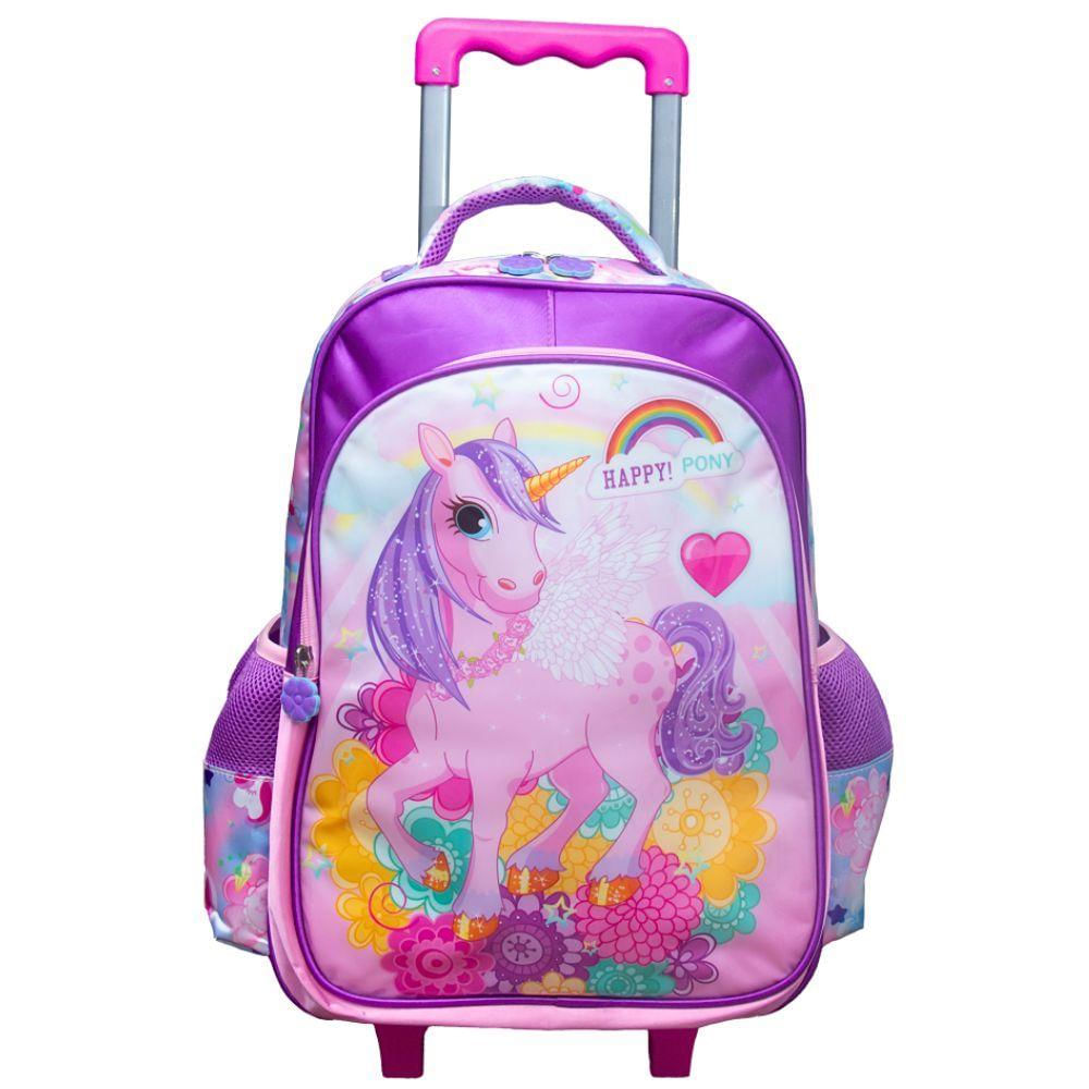 Kit Mochila De Rodinhas + Lancheira Térmica + Estojo Happy Pony Yins Rosa