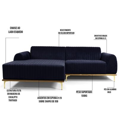 Sofá 5 Lugares com Chaise Esquerdo Para Sala Molino 320cm D02 Veludo Azul Marinho C-287 - Lyam Decor