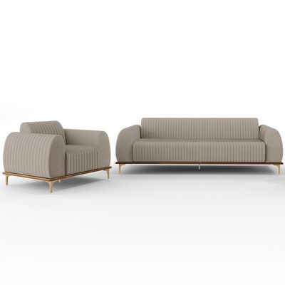 Kit Sofá 2 Lugares Sala Estar 150cm Com Poltrona Molino Pés D'ouro D02 Linho Bege C-107 - Lyam Decor