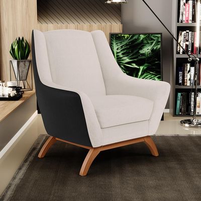 Kit 02 Poltronas Decorativas Base Madeira Juliet D02 Corano Preto C-05 Linho Cru C-443 - Lyam Decor