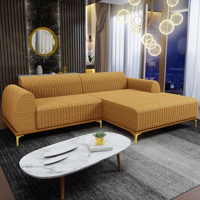 Sofá 4 Lugares com Chaise Direito Para Sala de Estar Molino 255cm D02 Base Castanho Pés D'ouro Prime Bouclê Mostarda PB-03 - Lyam Decor