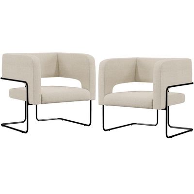 Kit 02 Poltronas Decorativas Scarlett D02 Base de Aço Preto Linho Champagne A-49 - Lyam Decor