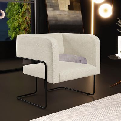 Kit 02 Poltronas Decorativas Scarlett D02 Base de Aço Preto Linho Champagne A-49 - Lyam Decor