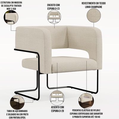 Kit 02 Poltronas Decorativas Scarlett D02 Base de Aço Preto Linho Champagne A-49 - Lyam Decor