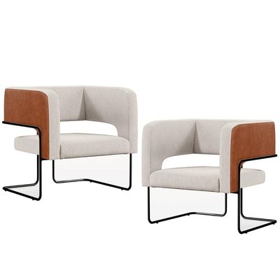 Kit 02 Poltronas Scarlett D02 Base Aço Preto Couríssimo Camel B-14 Linho Cru C-443 - Lyam Decor