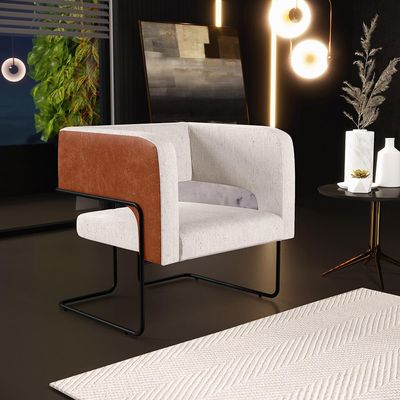 Kit 02 Poltronas Scarlett D02 Base Aço Preto Couríssimo Camel B-14 Linho Cru C-443 - Lyam Decor