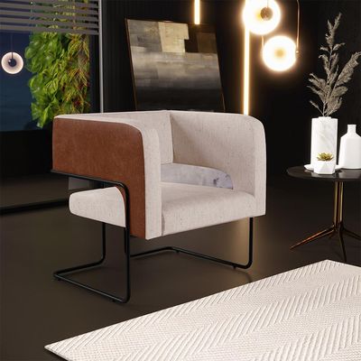 Kit 02 Poltronas Scarlett D02 Base Aço Preto Couríssimo Marrom B-38 Linho Bege C-107 - Lyam Decor
