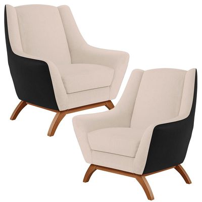 Kit 02 Poltronas Decorativas Base Madeira Juliet D02 Corano Preto C-05 Linho Bege C-107 - Lyam Decor