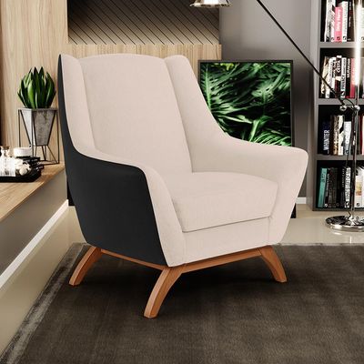 Kit 02 Poltronas Decorativas Base Madeira Juliet D02 Corano Preto C-05 Linho Bege C-107 - Lyam Decor