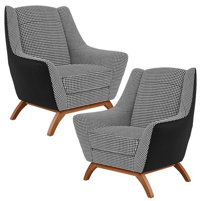 Kit 02 Poltronas Decorativas Base Em Madeira Juliet D02 Corano Preto C-05 Pied Poule - Lyam Decor