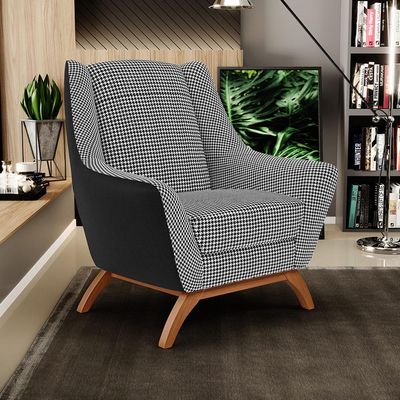 Kit 02 Poltronas Decorativas Base Em Madeira Juliet D02 Corano Preto C-05 Pied Poule - Lyam Decor