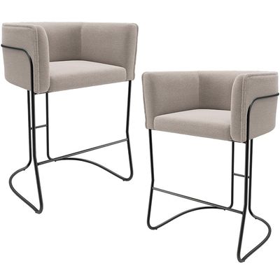 Kit 02 Banquetas Baixa Base de Aço Preto Betina D02 Bouclê Creme B-54 - Lyam Decor