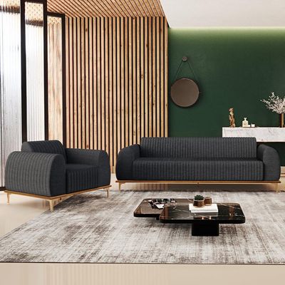 Kit Sofá 2 Lugares 150cm Com Poltrona Molino Pés D'ouro D02 Linho Cinza Escuro C-416 - Lyam Decor