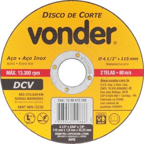 Disco de corte 115,0x1,0x22,23 p/ aço carbono e inox Vonder