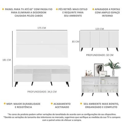 Conjunto Sala De Estar Rack Painel Tv 65 e Aparador Retrô