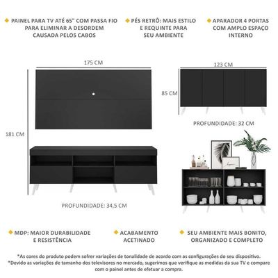 Conjunto Sala De Estar Rack Painel Tv 65 e Aparador Retrô