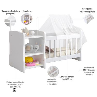 Berço Para Boneca Cristal Ursinho C02 Brinquedo Infantil Branco - Lyam Decor