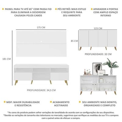 Conjunto Sala De Estar Rack Painel Tv 65 e Aparador Retrô