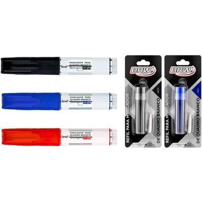 Kit 3 Pincéis Marcador Quadro Branco + 2 Refis Com Ponta Extra Brw