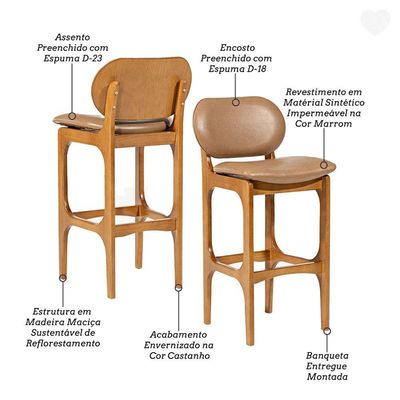 Kit 3 Banquetas Alta Estofada Rafine Madeira Castanho Tecido Impermeável Marrom