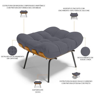 Kit 2 Puff's Decorativos Sala de Estar Costela L02 Suede Cinza - Lyam Decor