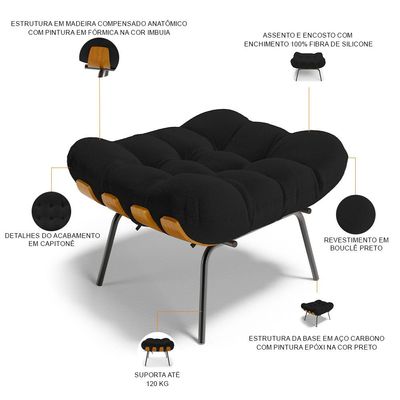 Kit 2 Puff's Decorativos Sala de Estar Costela L02 Bouclê Preto - Lyam Decor